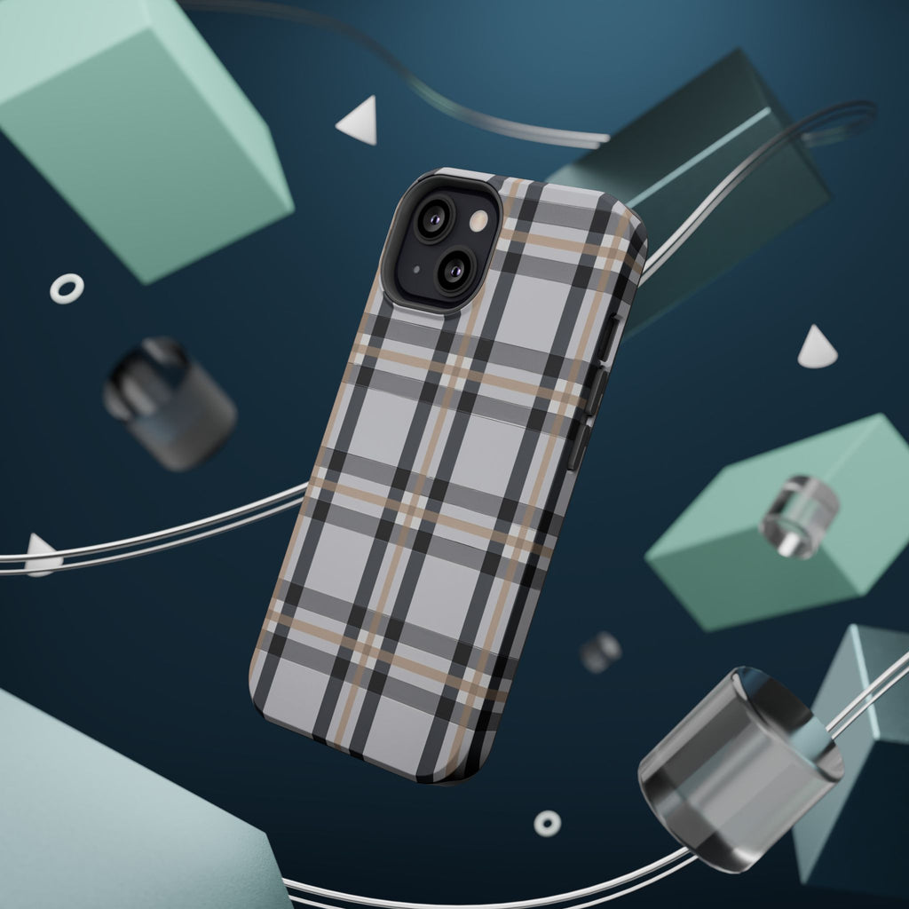 Plaid Magnetic Impact-Resistant Phone Case — Grey & Tan Classic Pattern