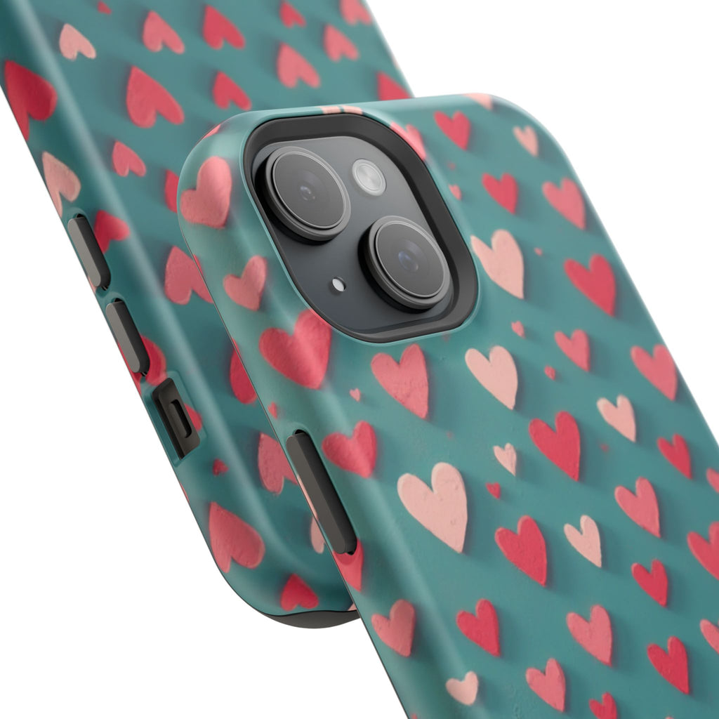 Magnetic Impact-Resistant Phone Case — Teal Love Hearts Pattern