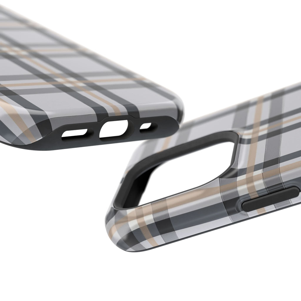 Plaid Magnetic Impact-Resistant Phone Case — Grey & Tan Classic Pattern