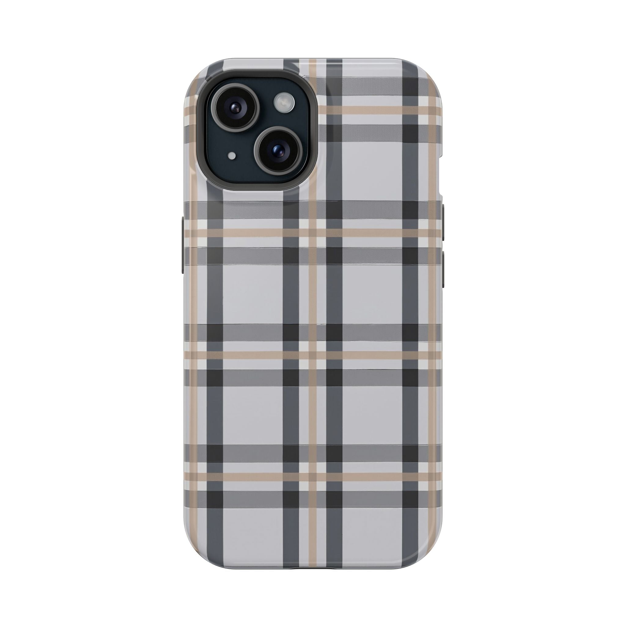 Plaid Magnetic Impact-Resistant Phone Case — Grey & Tan Classic Pattern