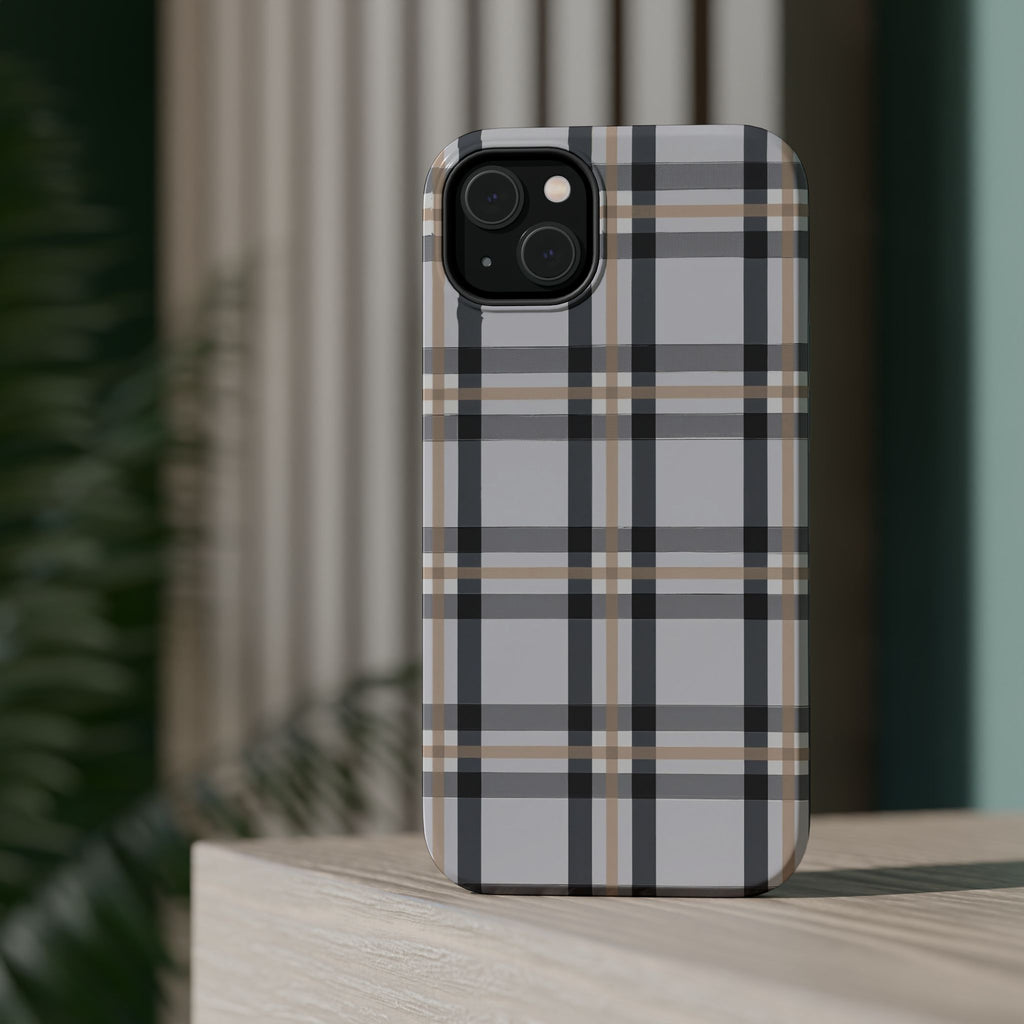 Plaid Magnetic Impact-Resistant Phone Case — Grey & Tan Classic Pattern
