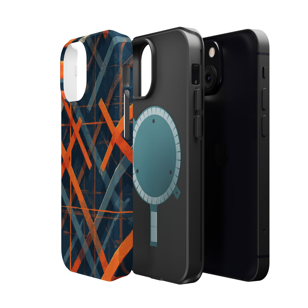 Magnetic Impact-Resistant Phone Case — Geometric Orange & Navy Plaid