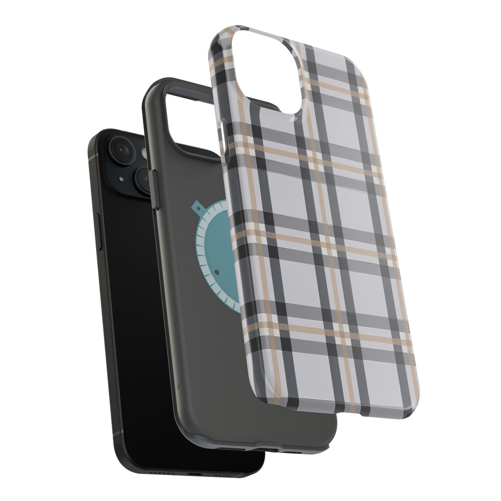 Plaid Magnetic Impact-Resistant Phone Case — Grey & Tan Classic Pattern