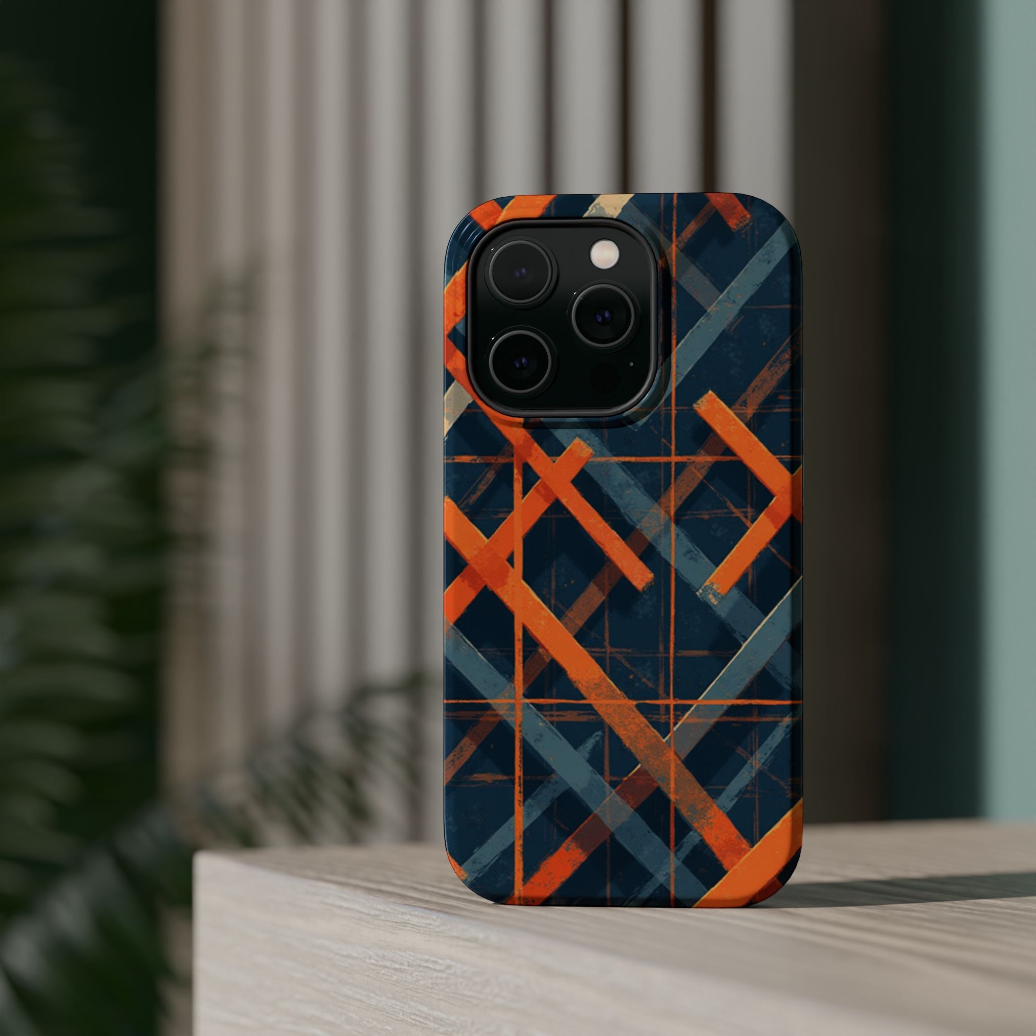 Magnetic Impact-Resistant Phone Case — Geometric Orange & Navy Plaid