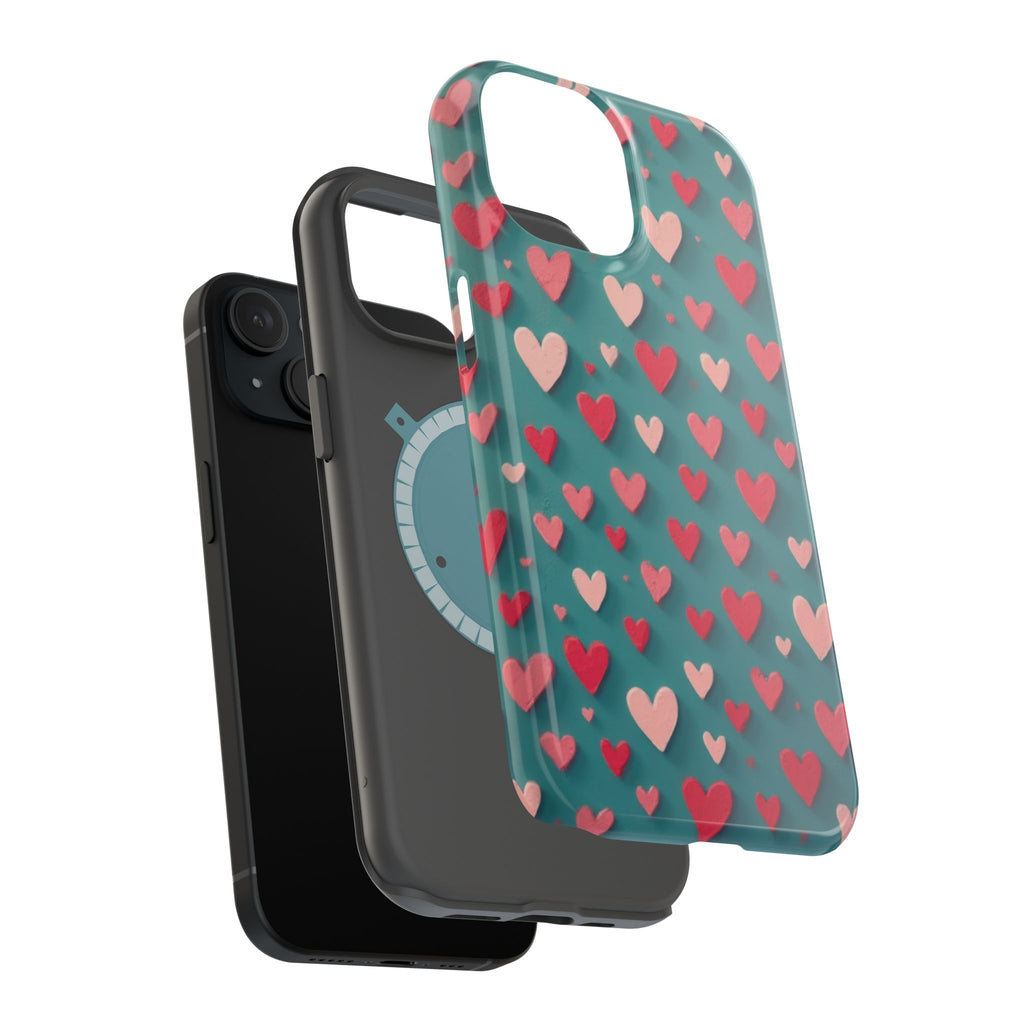 Magnetic Impact-Resistant Phone Case — Teal Love Hearts Pattern