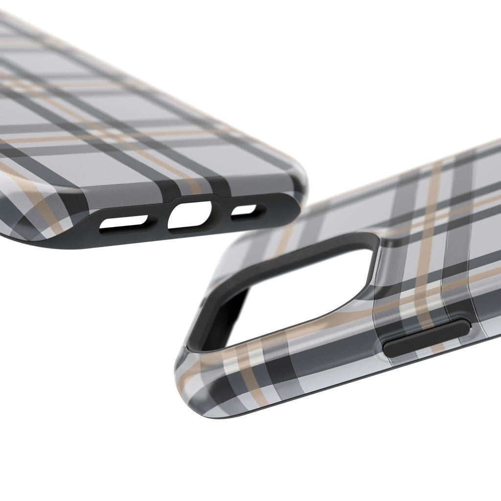 Plaid Magnetic Impact-Resistant Phone Case — Grey & Tan Classic Pattern