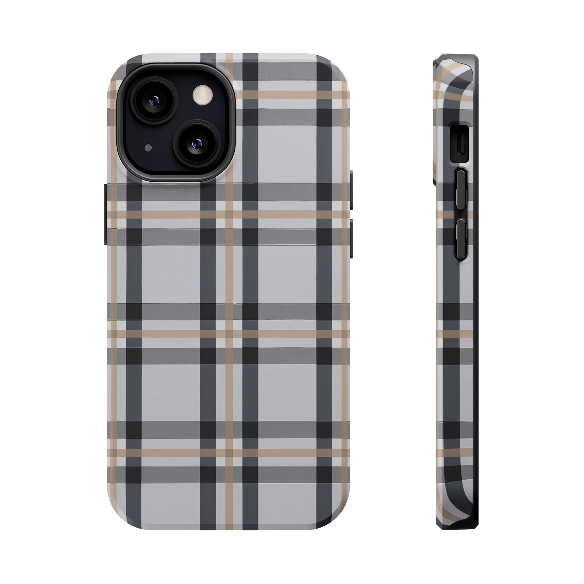 Plaid Magnetic Impact-Resistant Phone Case — Grey & Tan Classic Pattern