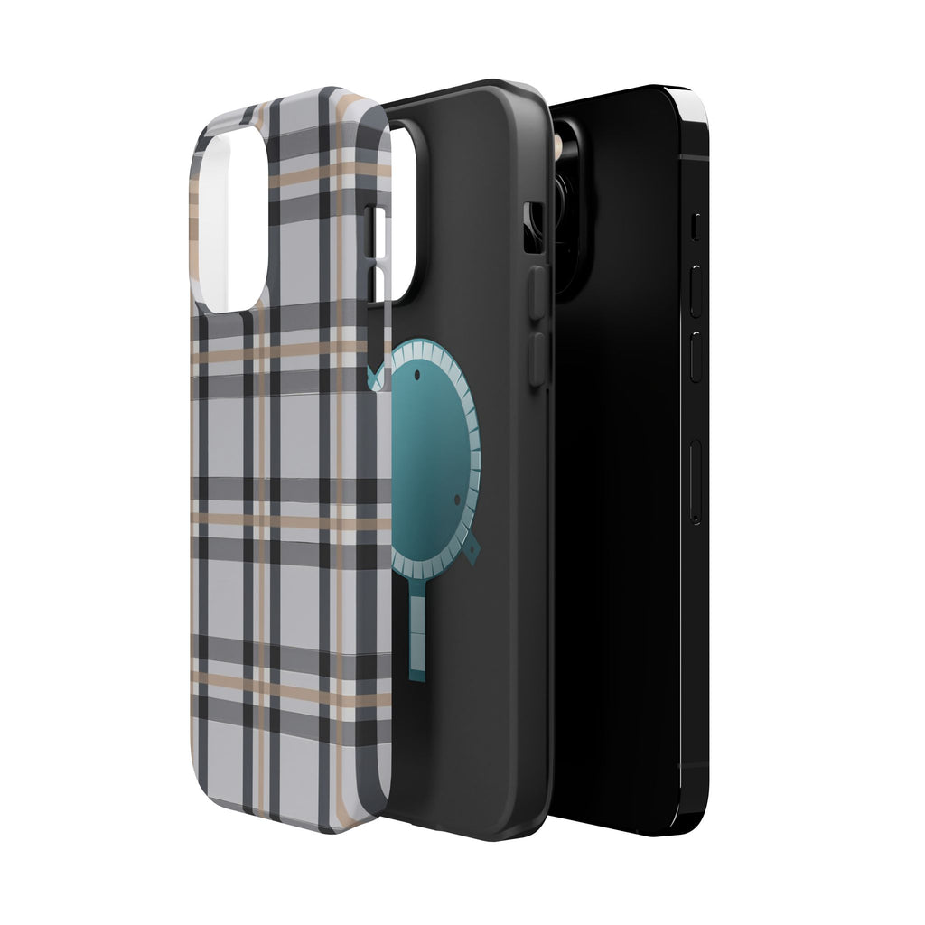 Plaid Magnetic Impact-Resistant Phone Case — Grey & Tan Classic Pattern