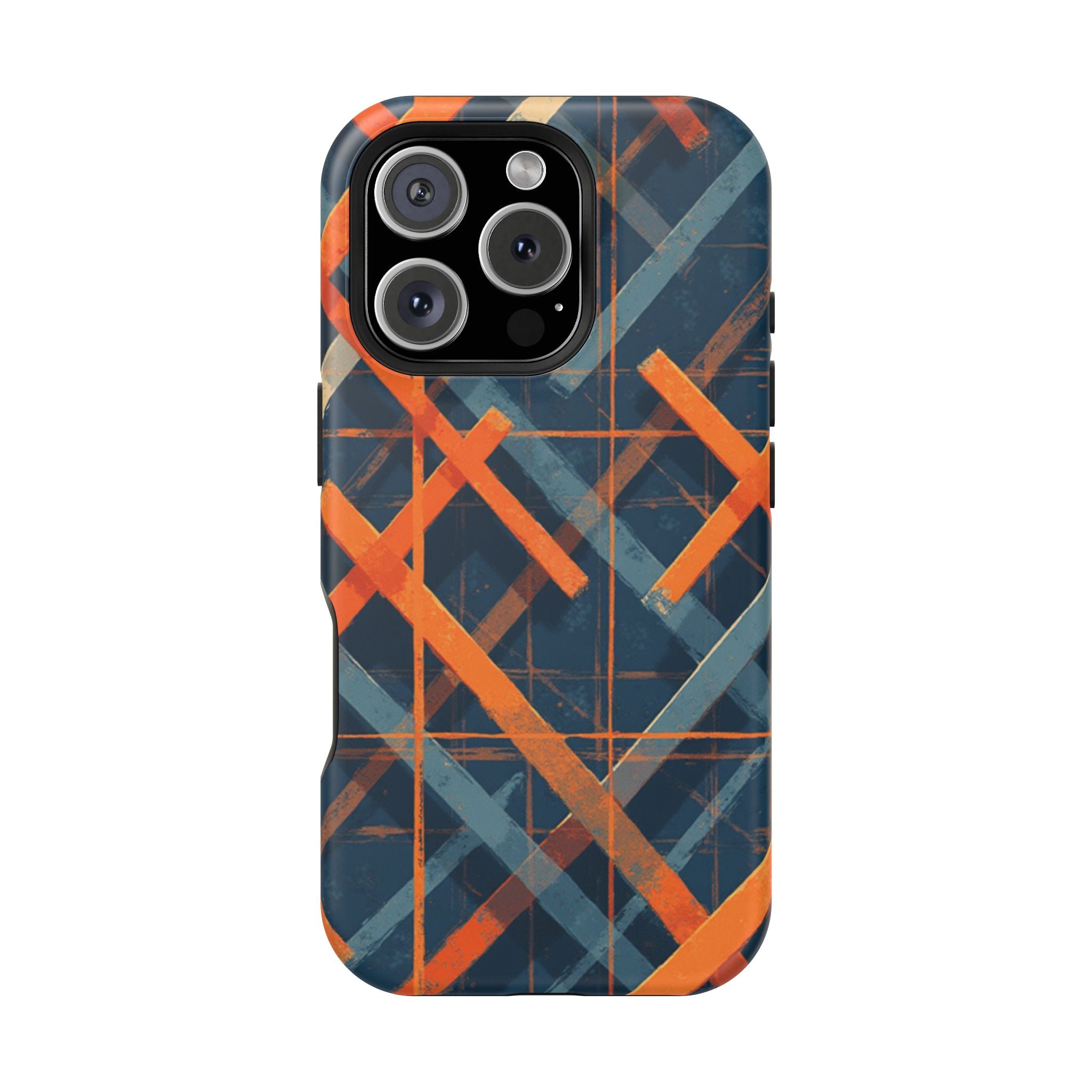 Magnetic Impact-Resistant Phone Case — Geometric Orange & Navy Plaid