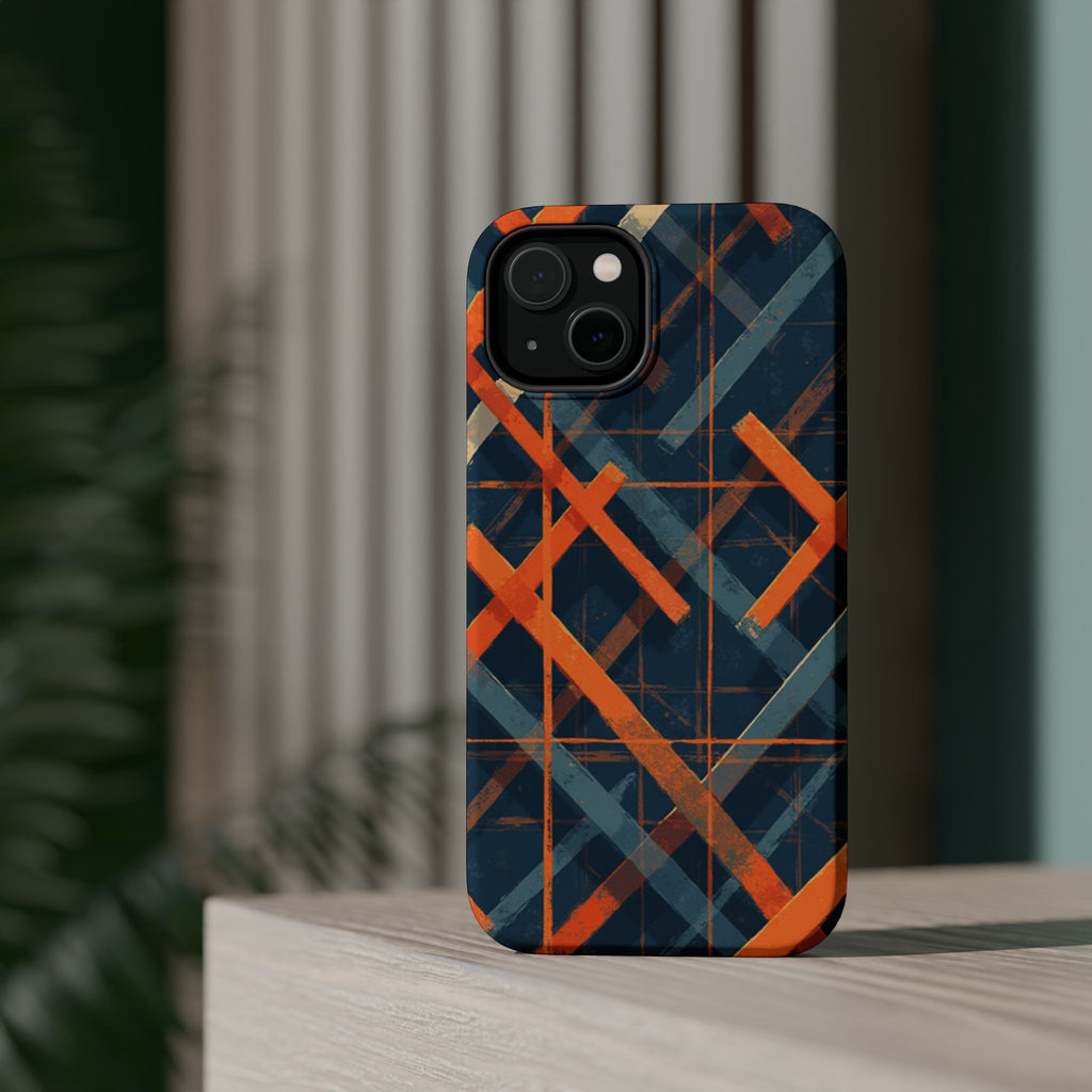 Magnetic Impact-Resistant Phone Case — Geometric Orange & Navy Plaid
