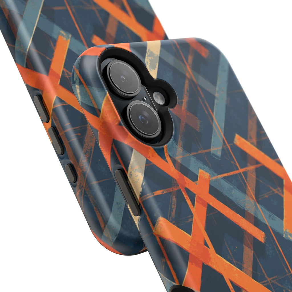 Magnetic Impact-Resistant Phone Case — Geometric Orange & Navy Plaid