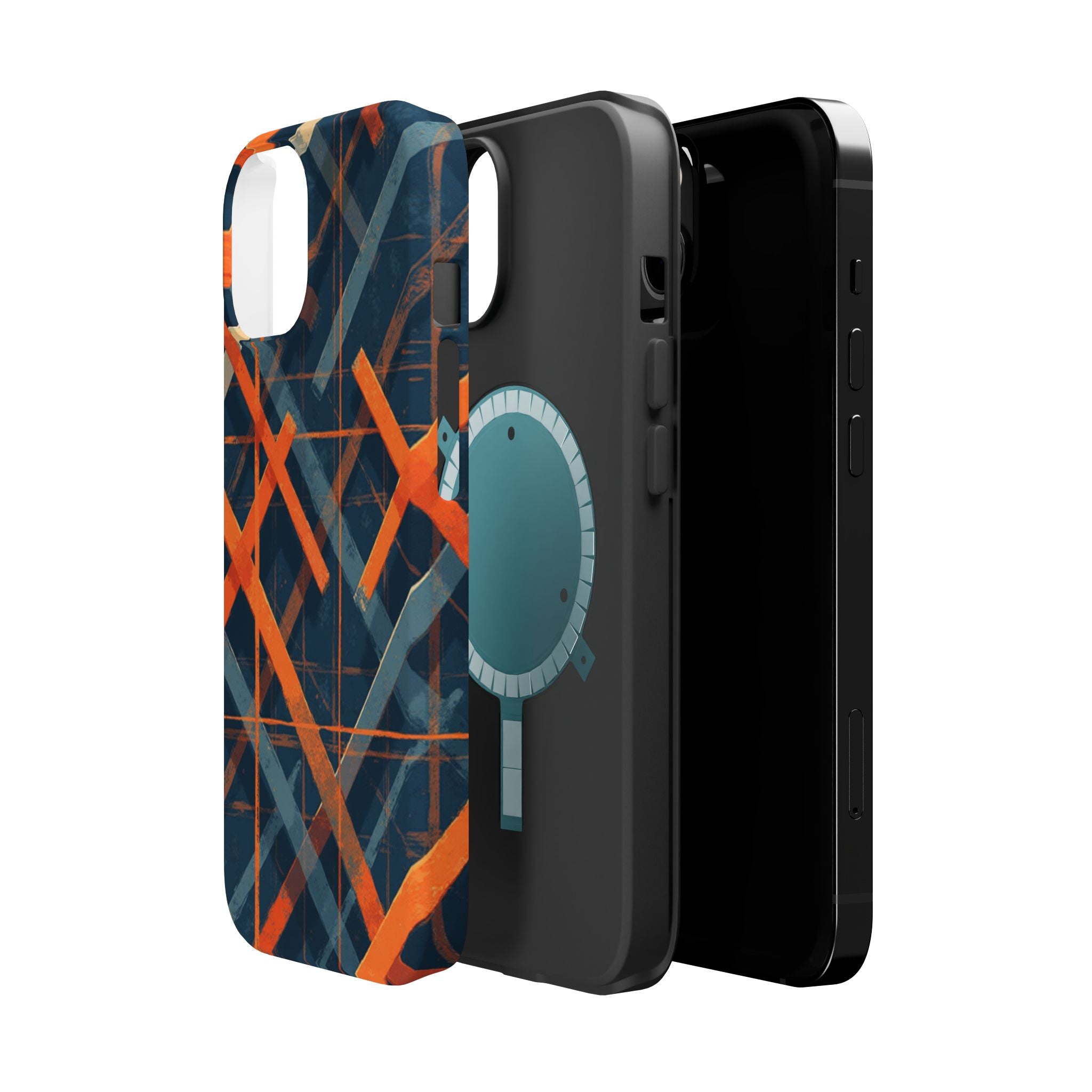 Magnetic Impact-Resistant Phone Case — Geometric Orange & Navy Plaid