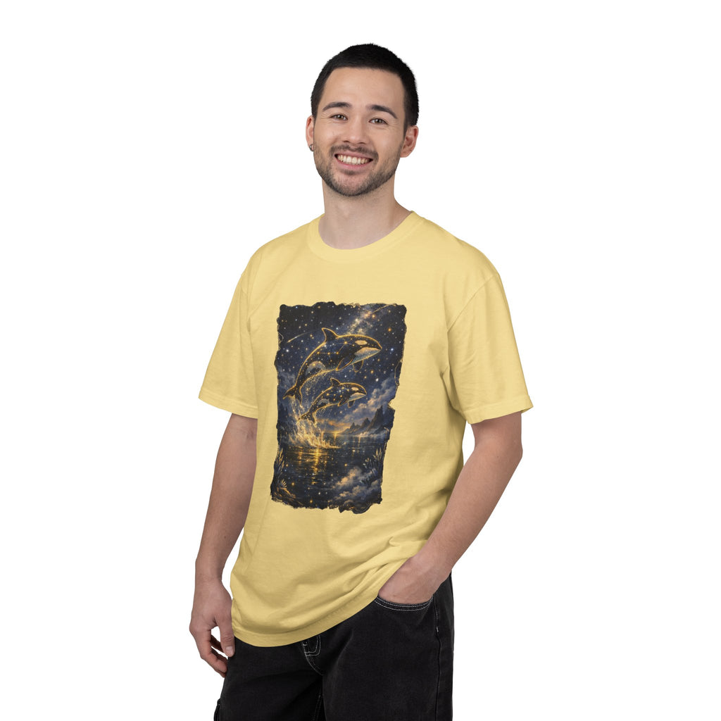 Orca Night Sky T-Shirt — Jumping Whales Moonlight Graphic Tee