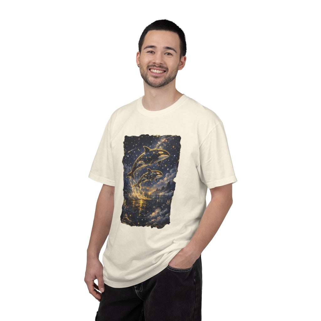 Orca Night Sky T-Shirt — Jumping Whales Moonlight Graphic Tee