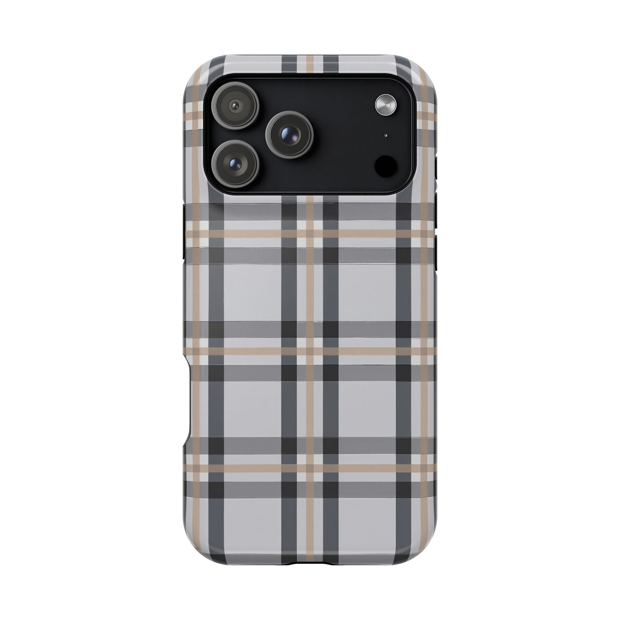 Plaid Magnetic Impact-Resistant Phone Case — Grey & Tan Classic Pattern