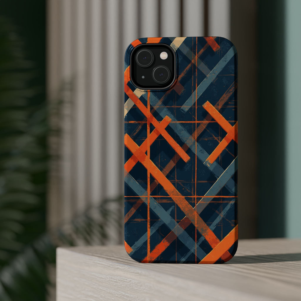 Magnetic Impact-Resistant Phone Case — Geometric Orange & Navy Plaid