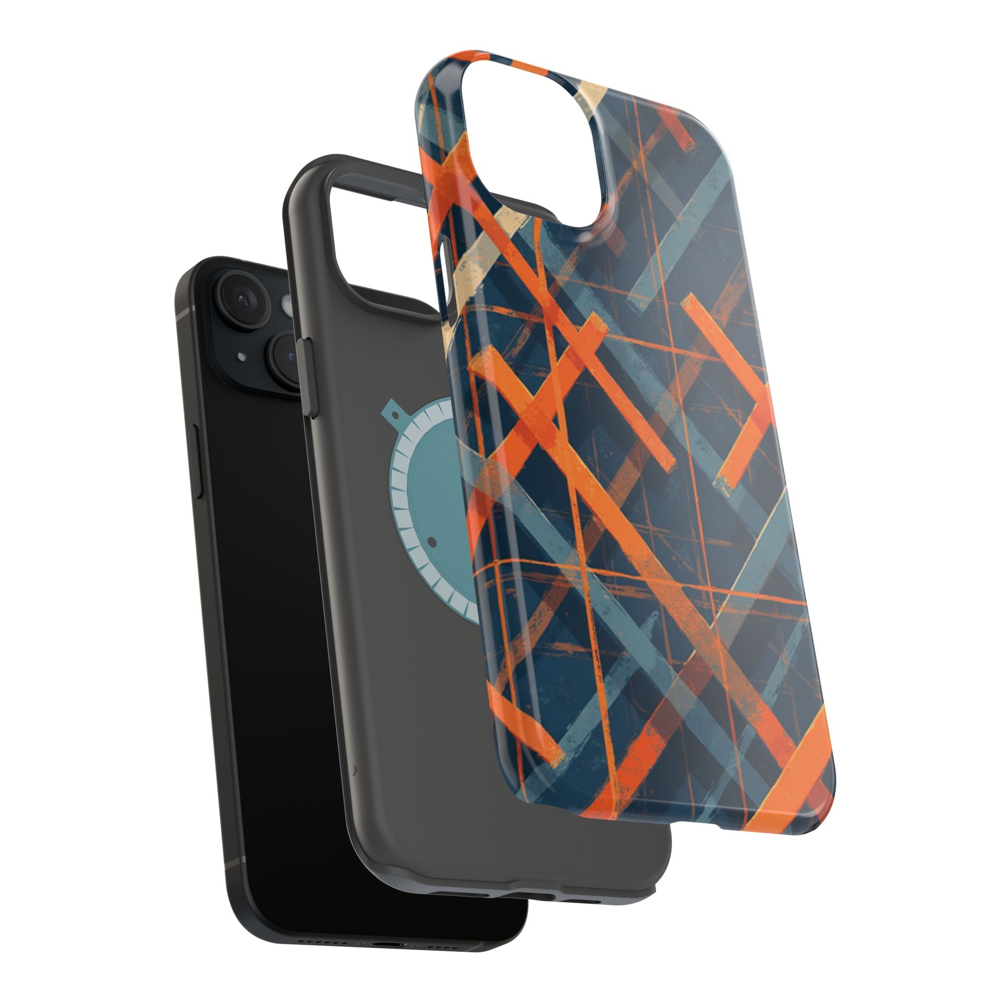 Magnetic Impact-Resistant Phone Case — Geometric Orange & Navy Plaid