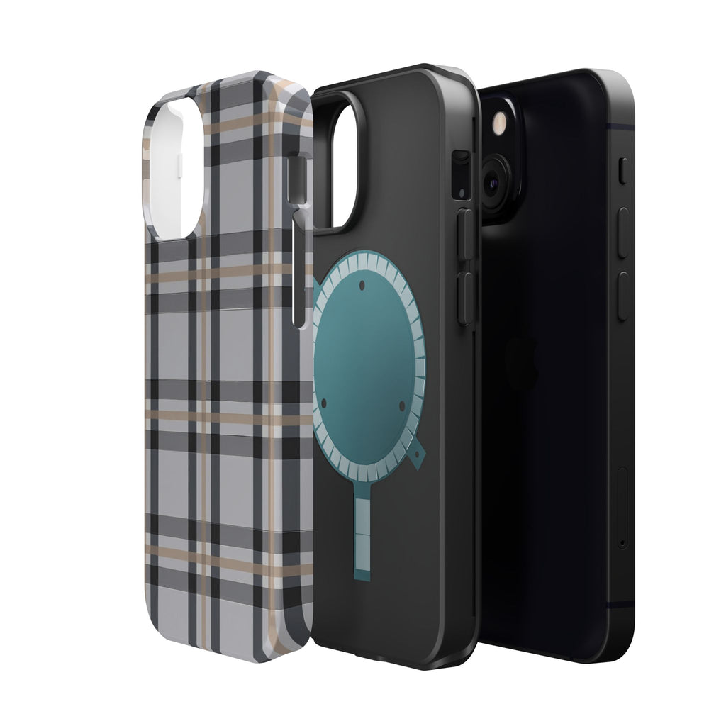 Plaid Magnetic Impact-Resistant Phone Case — Grey & Tan Classic Pattern