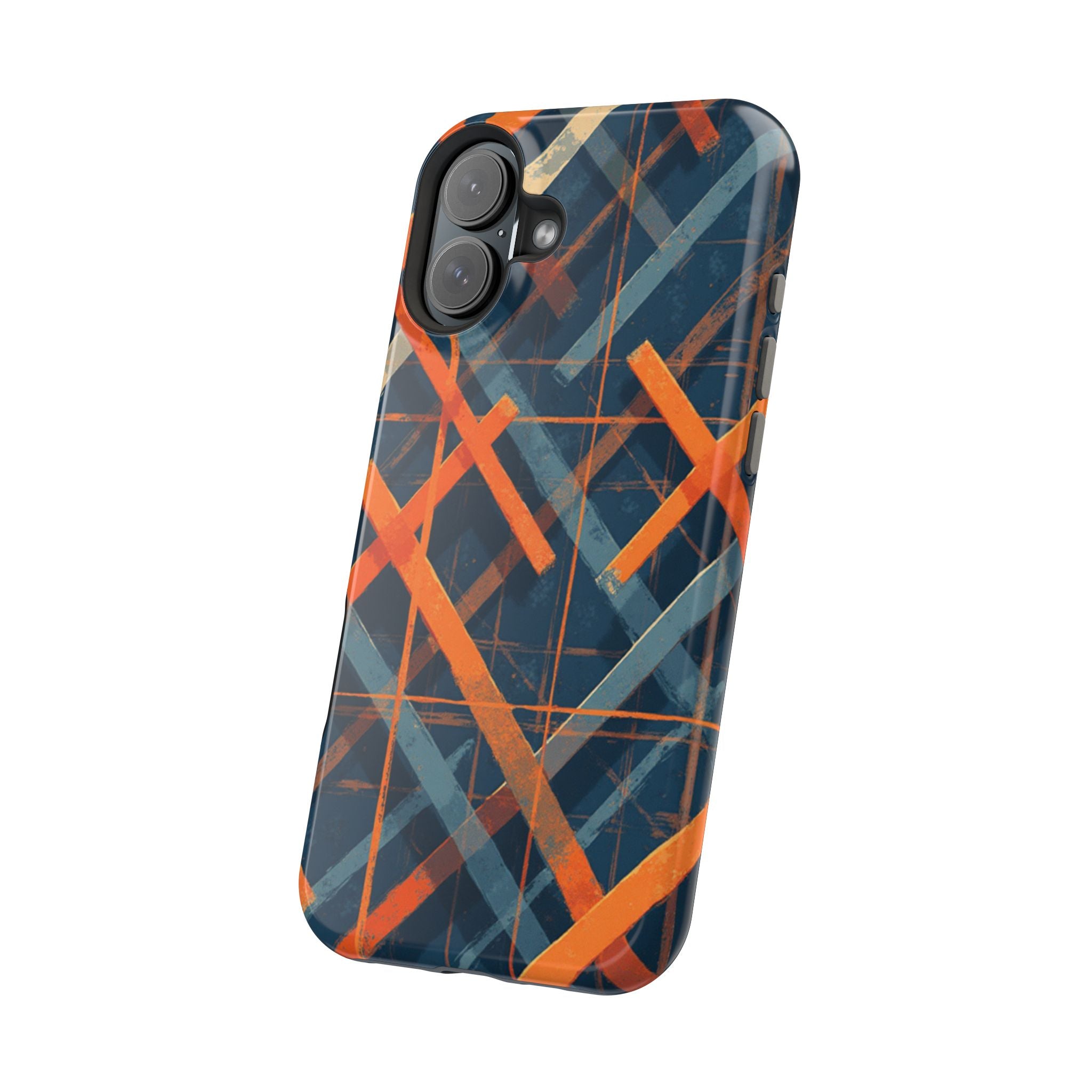 Magnetic Impact-Resistant Phone Case — Geometric Orange & Navy Plaid