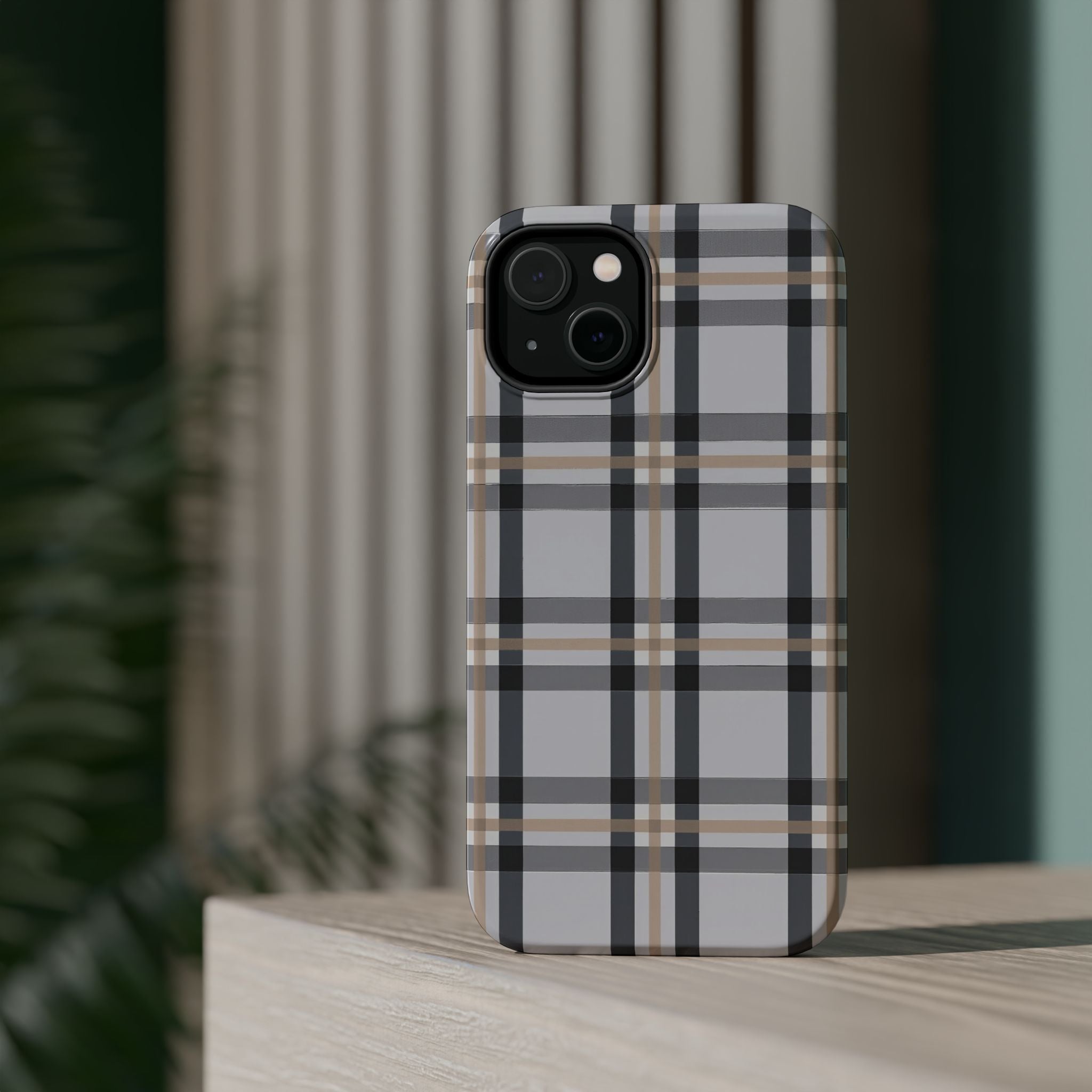 Plaid Magnetic Impact-Resistant Phone Case — Grey & Tan Classic Pattern