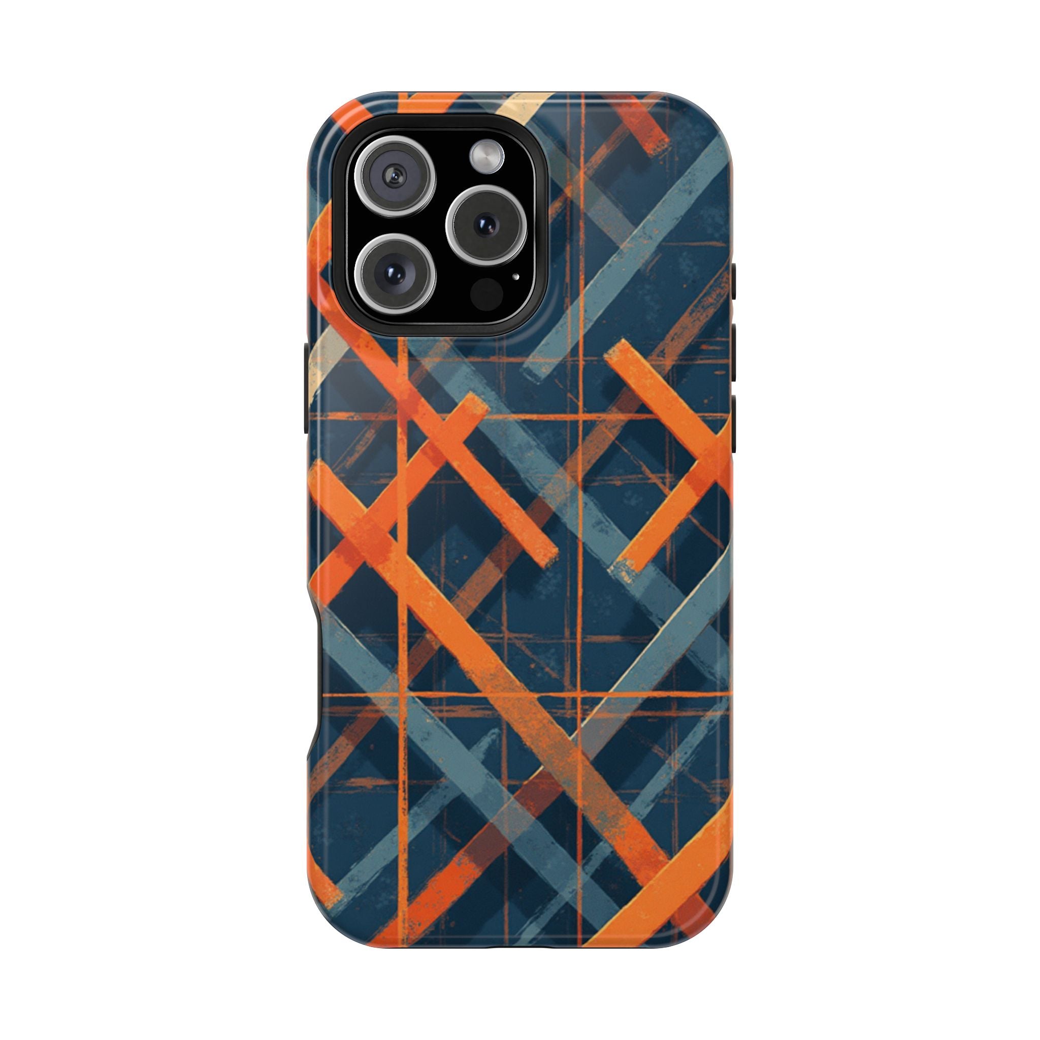 Magnetic Impact-Resistant Phone Case — Geometric Orange & Navy Plaid