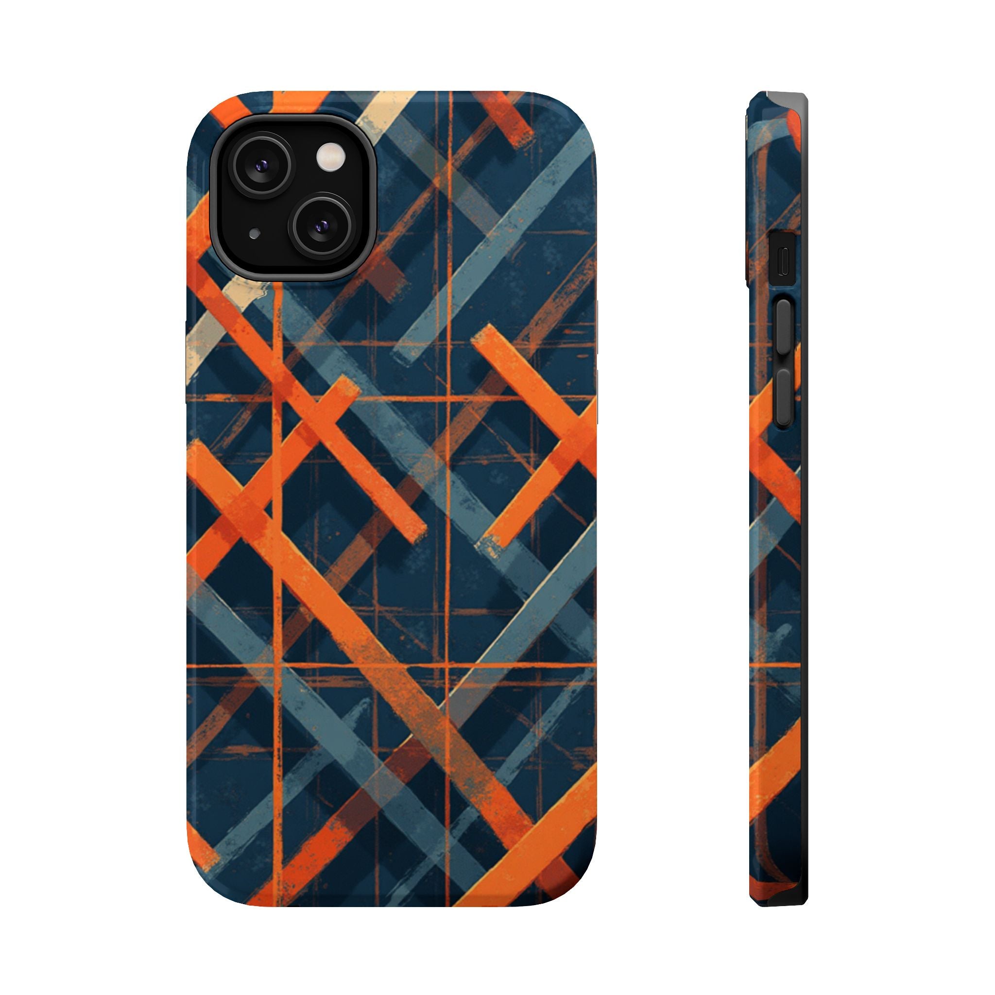 Magnetic Impact-Resistant Phone Case — Geometric Orange & Navy Plaid