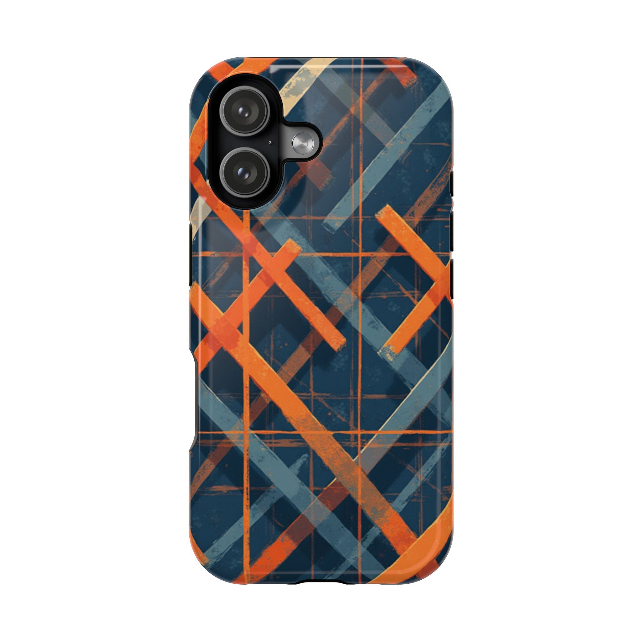Magnetic Impact-Resistant Phone Case — Geometric Orange & Navy Plaid