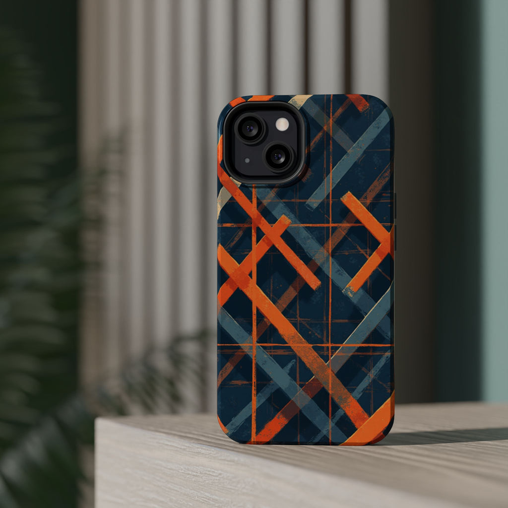 Magnetic Impact-Resistant Phone Case — Geometric Orange & Navy Plaid