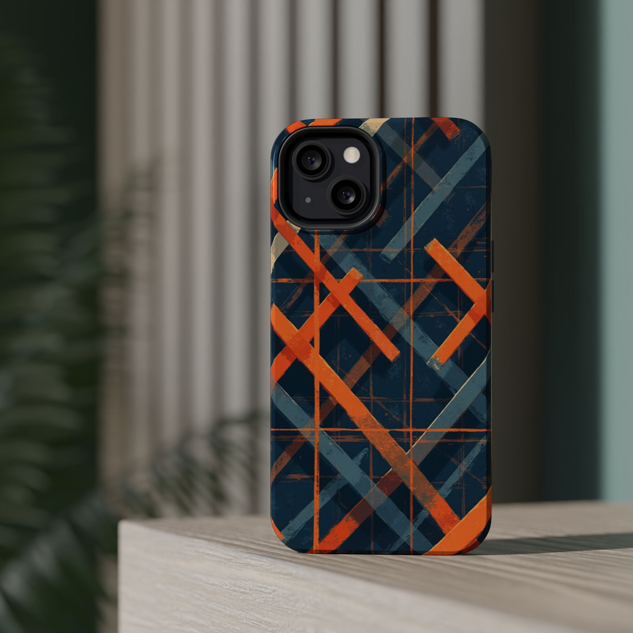 Magnetic Impact-Resistant Phone Case — Geometric Orange & Navy Plaid