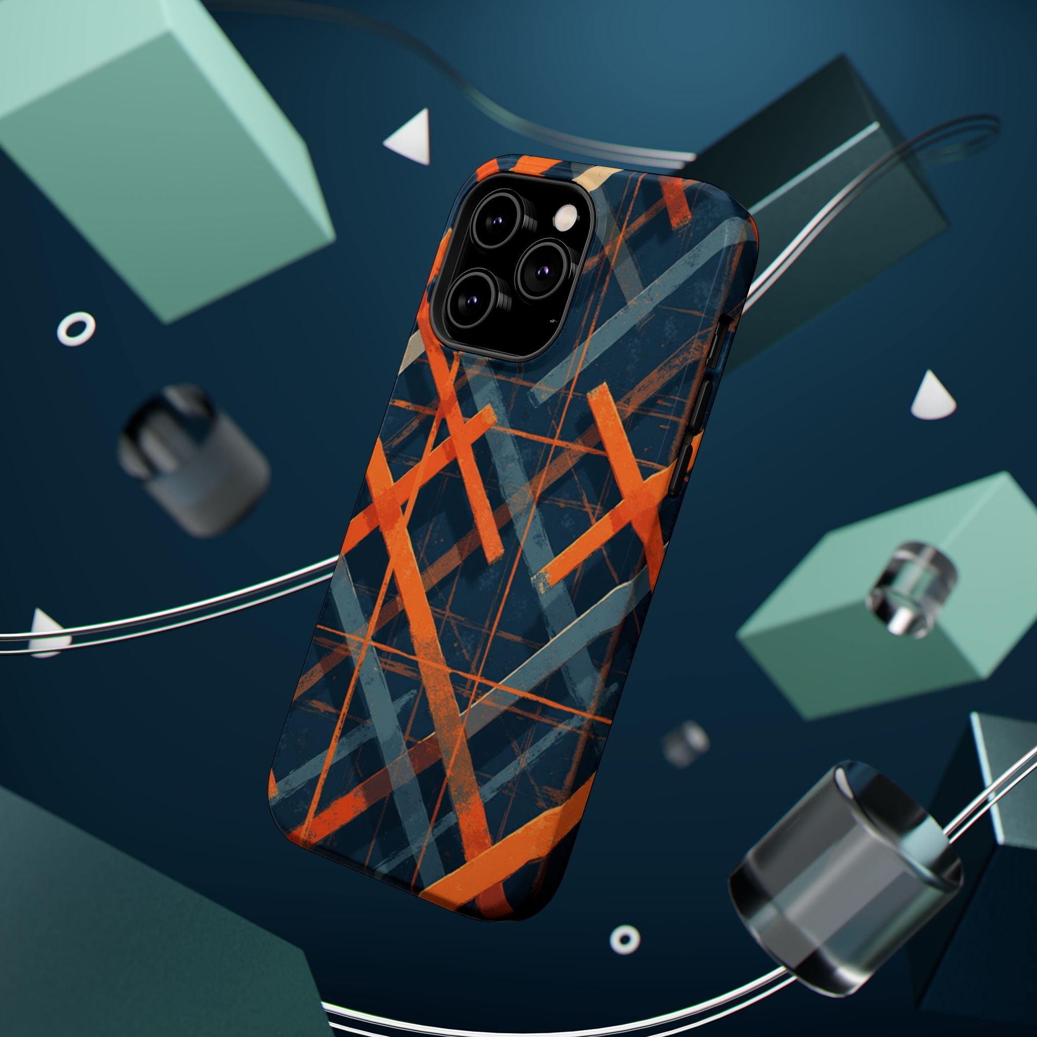 Magnetic Impact-Resistant Phone Case — Geometric Orange & Navy Plaid