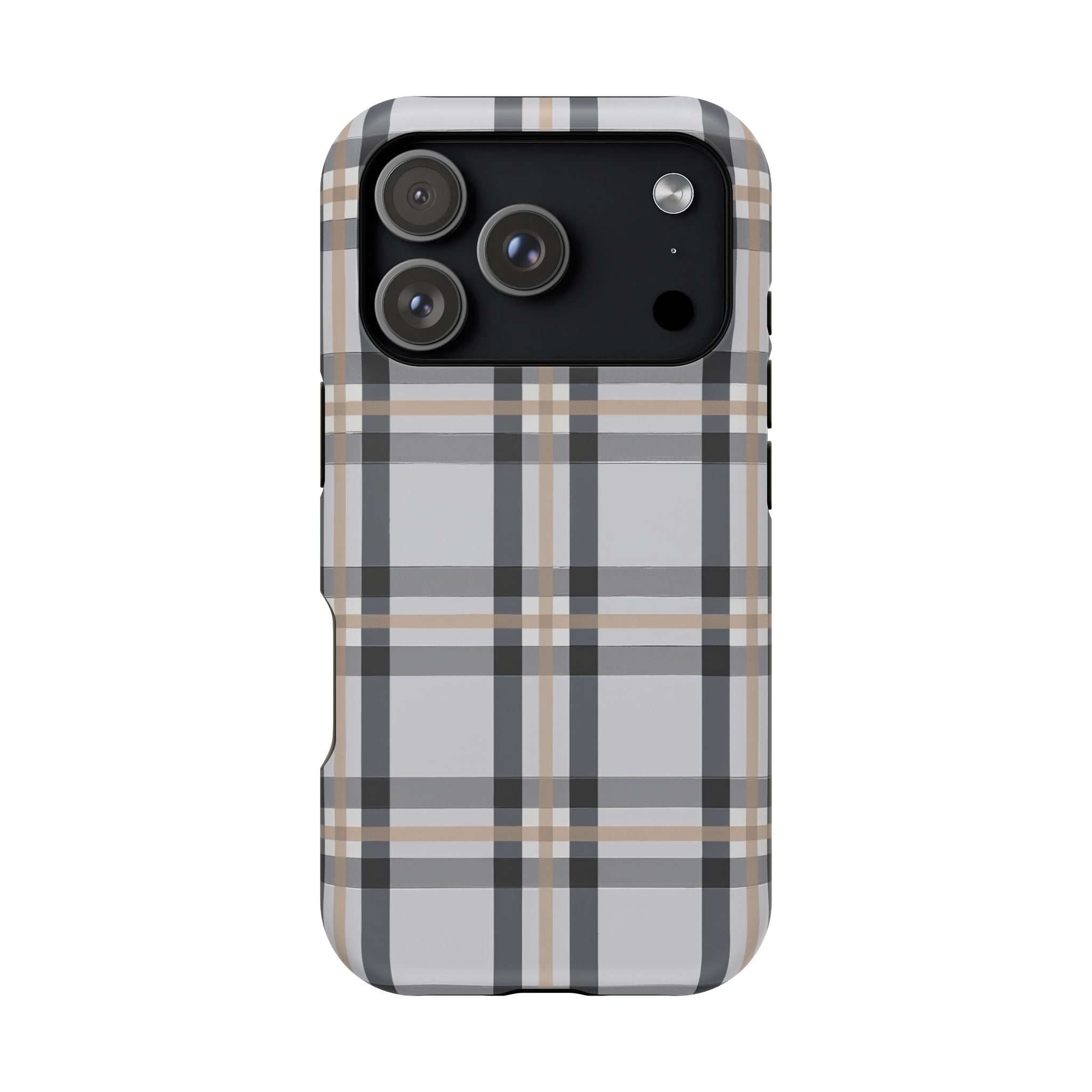 Plaid Magnetic Impact-Resistant Phone Case — Grey & Tan Classic Pattern