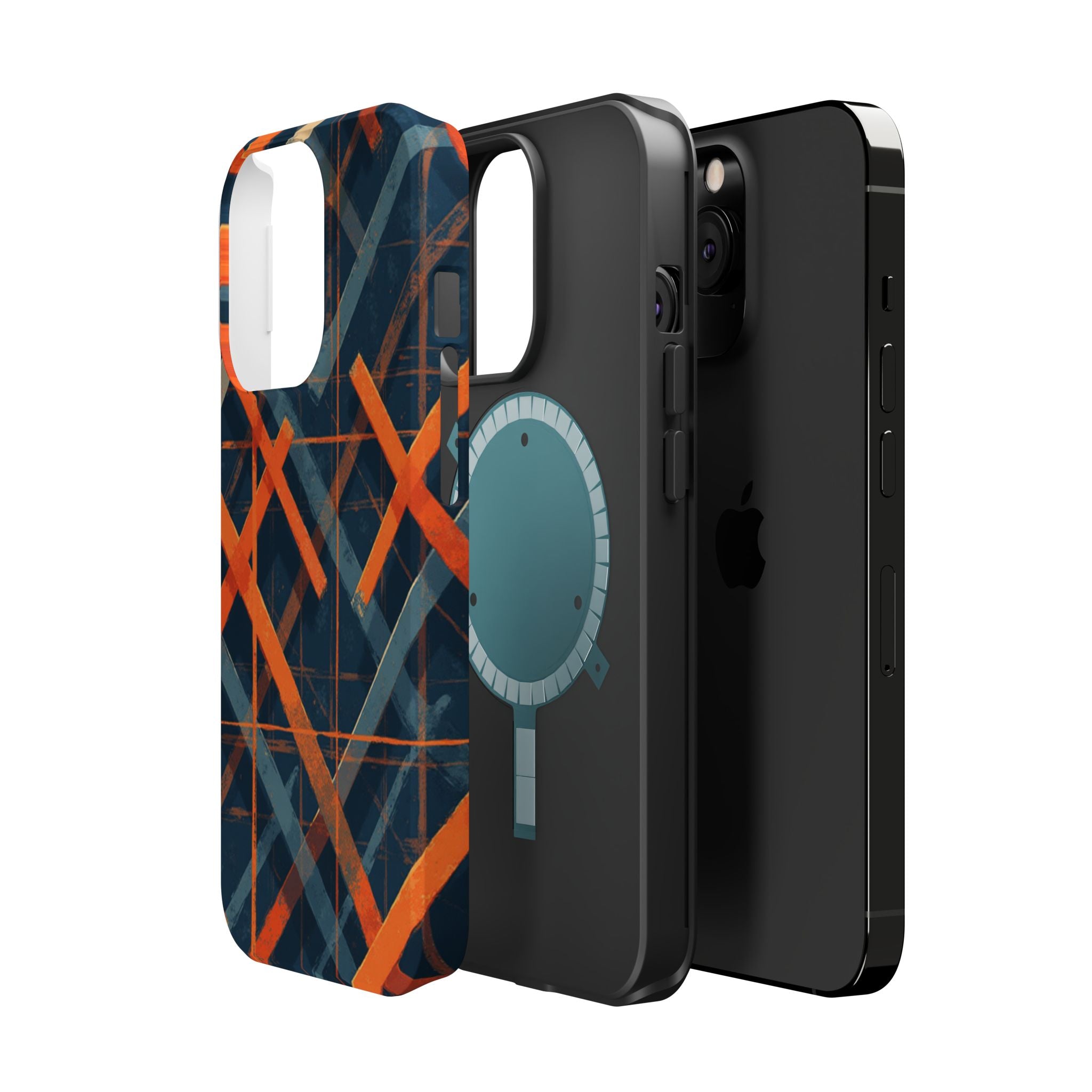 Magnetic Impact-Resistant Phone Case — Geometric Orange & Navy Plaid