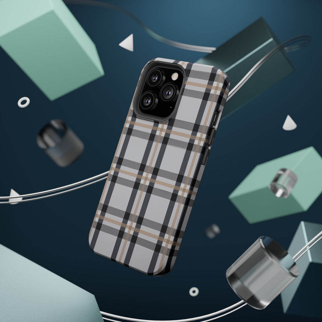 Plaid Magnetic Impact-Resistant Phone Case — Grey & Tan Classic Pattern