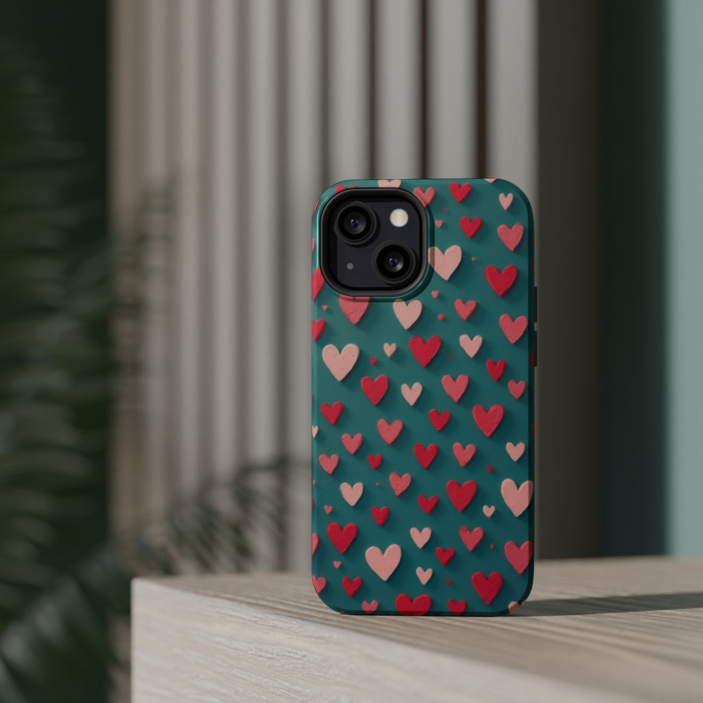 Magnetic Impact-Resistant Phone Case — Teal Love Hearts Pattern