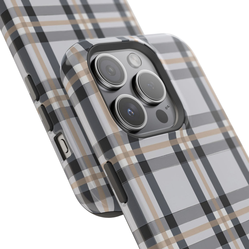 Plaid Magnetic Impact-Resistant Phone Case — Grey & Tan Classic Pattern