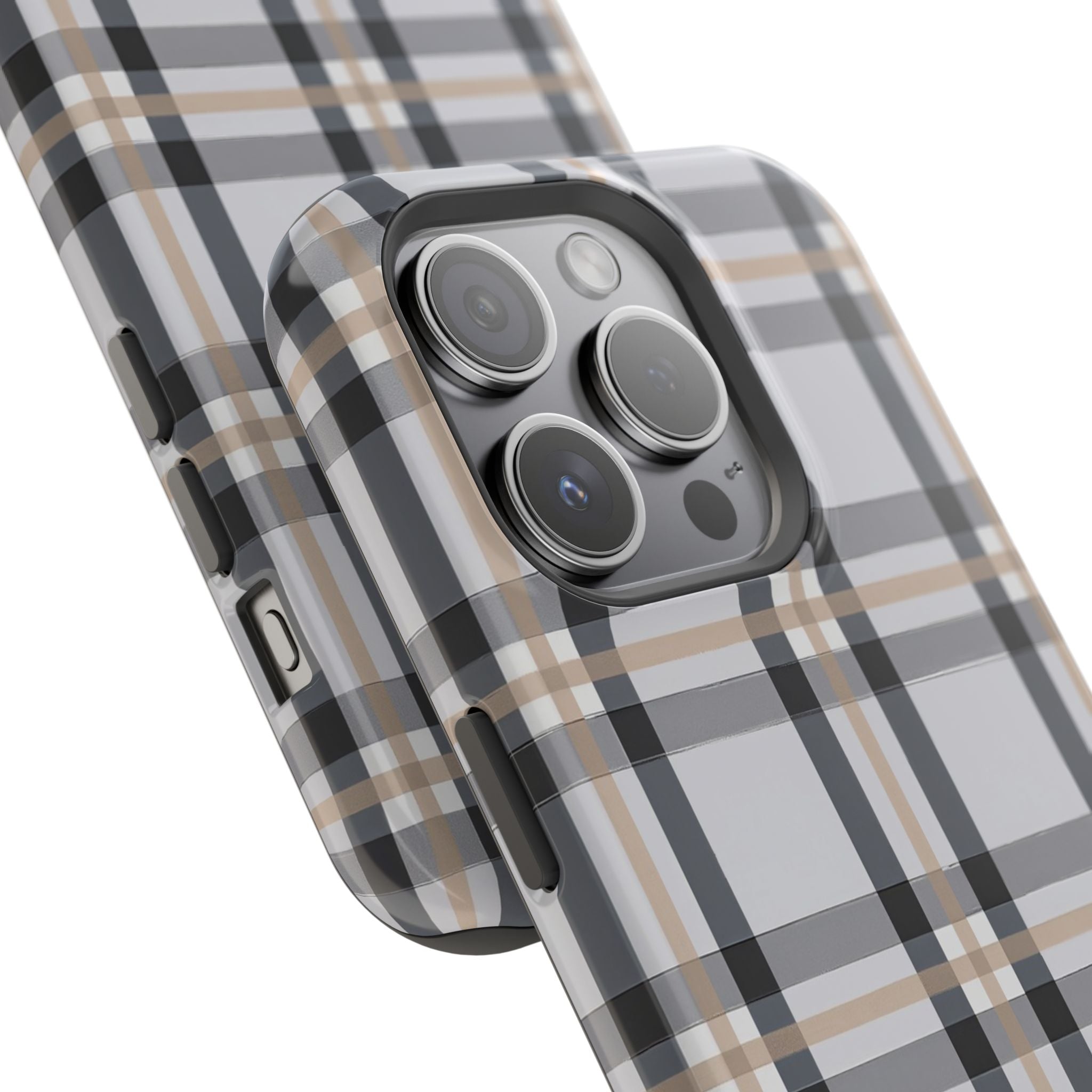 Plaid Magnetic Impact-Resistant Phone Case — Grey & Tan Classic Pattern