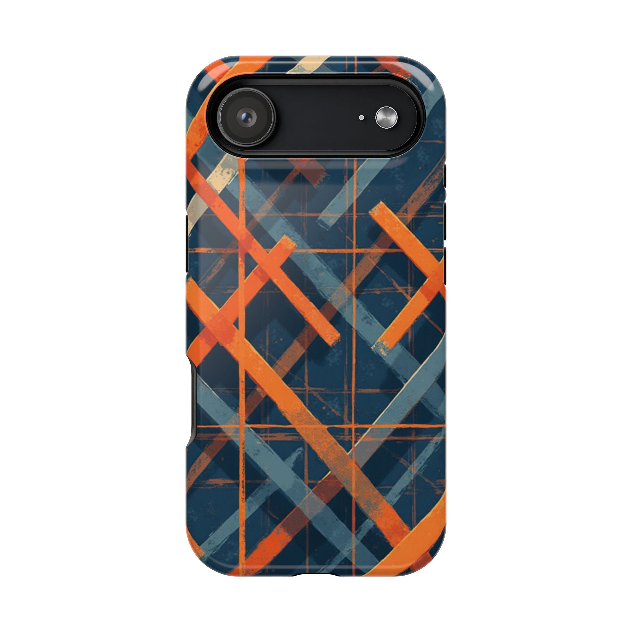 Magnetic Impact-Resistant Phone Case — Geometric Orange & Navy Plaid