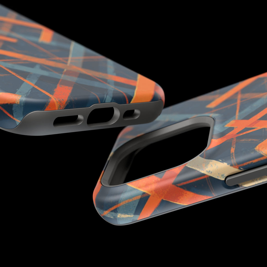 Magnetic Impact-Resistant Phone Case — Geometric Orange & Navy Plaid