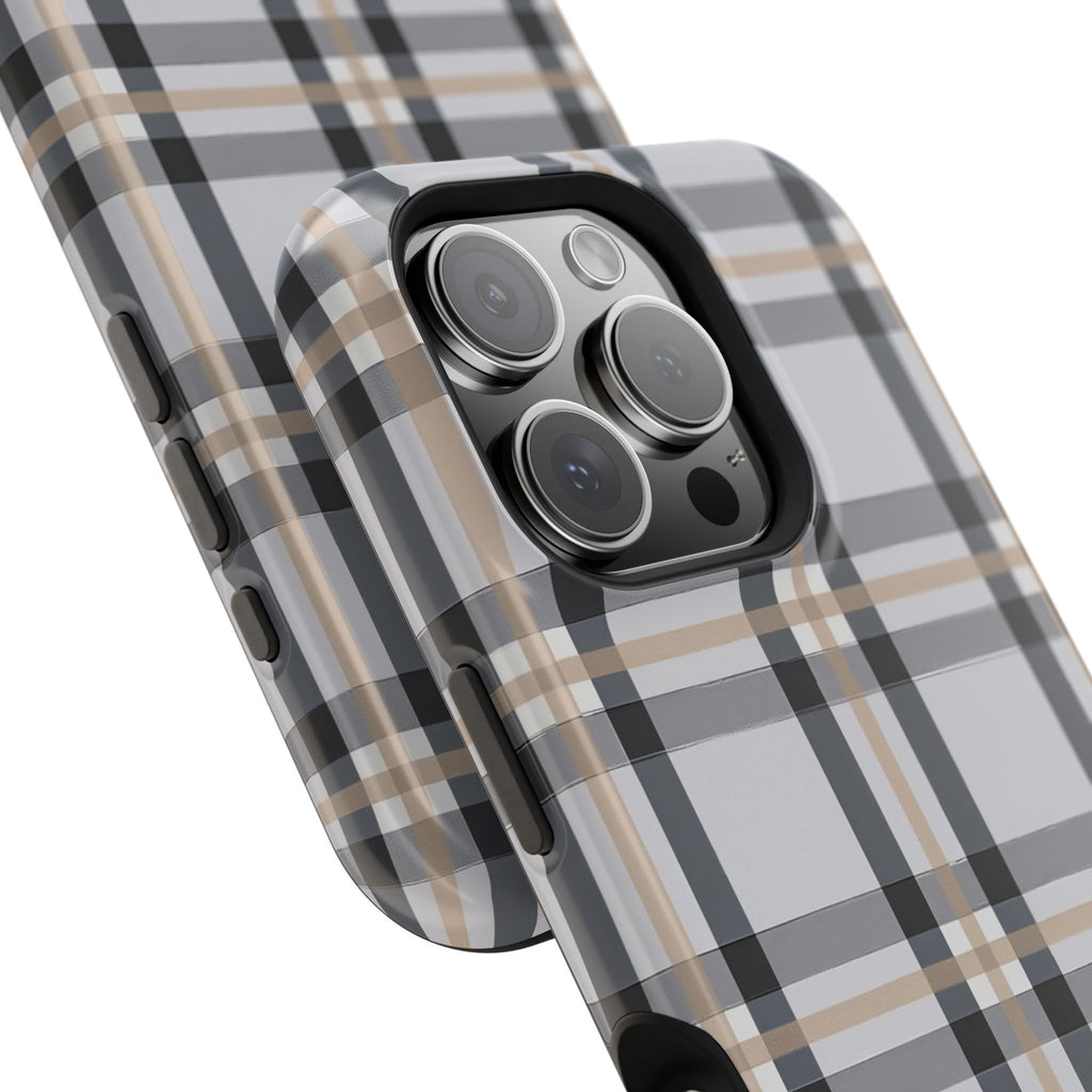Plaid Magnetic Impact-Resistant Phone Case — Grey & Tan Classic Pattern