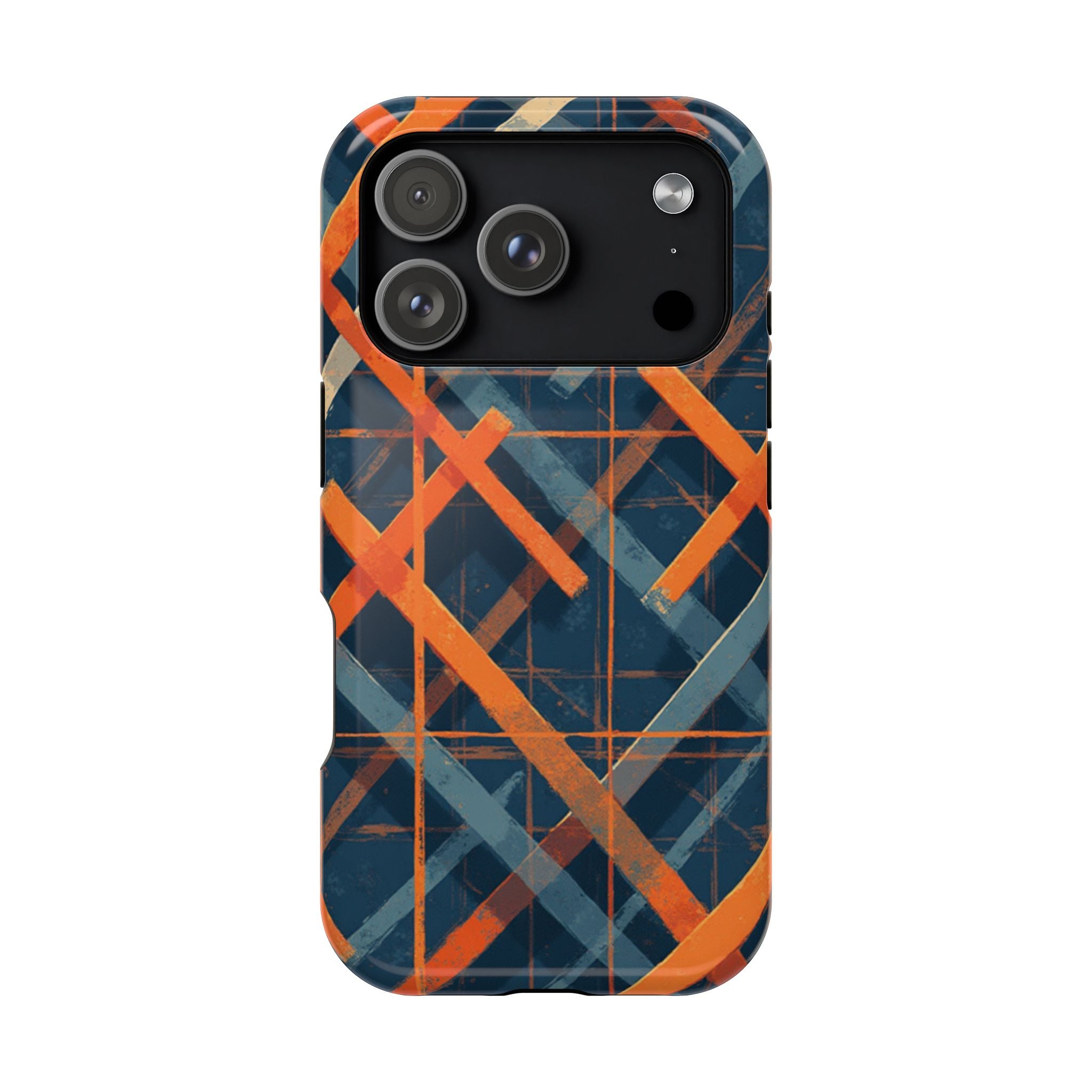Magnetic Impact-Resistant Phone Case — Geometric Orange & Navy Plaid