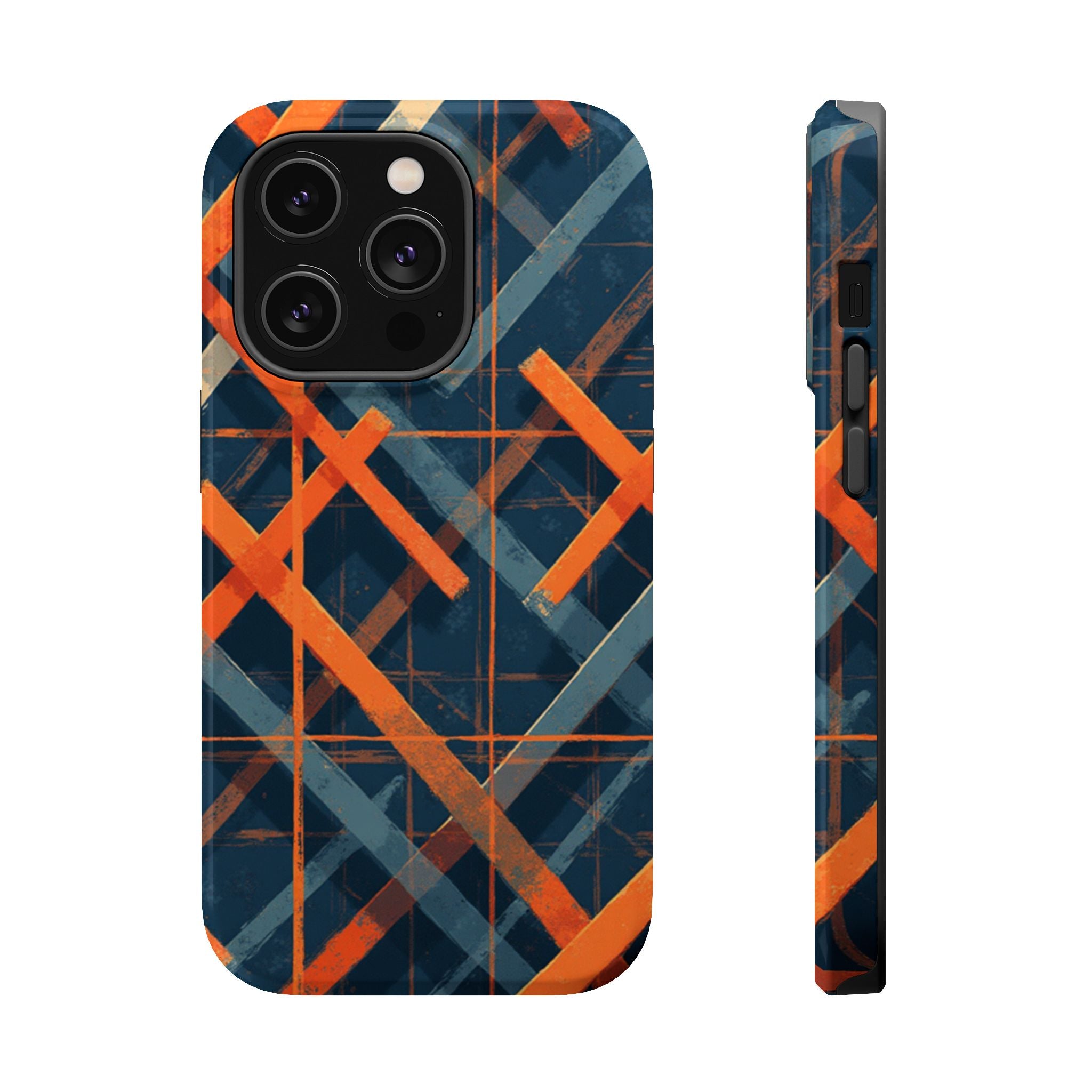 Magnetic Impact-Resistant Phone Case — Geometric Orange & Navy Plaid