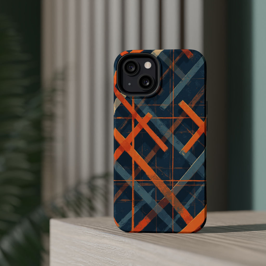 Magnetic Impact-Resistant Phone Case — Geometric Orange & Navy Plaid