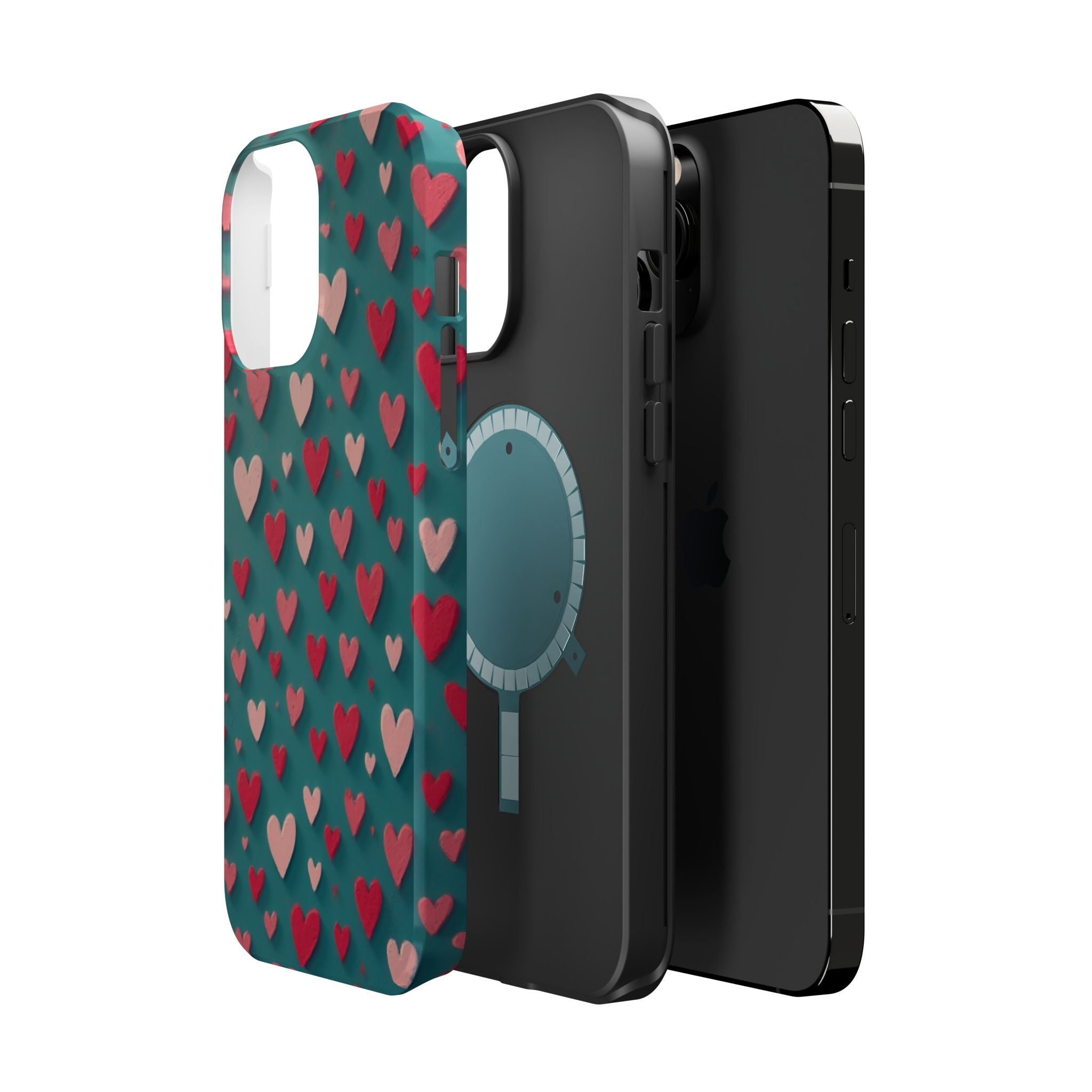 Magnetic Impact-Resistant Phone Case — Teal Love Hearts Pattern