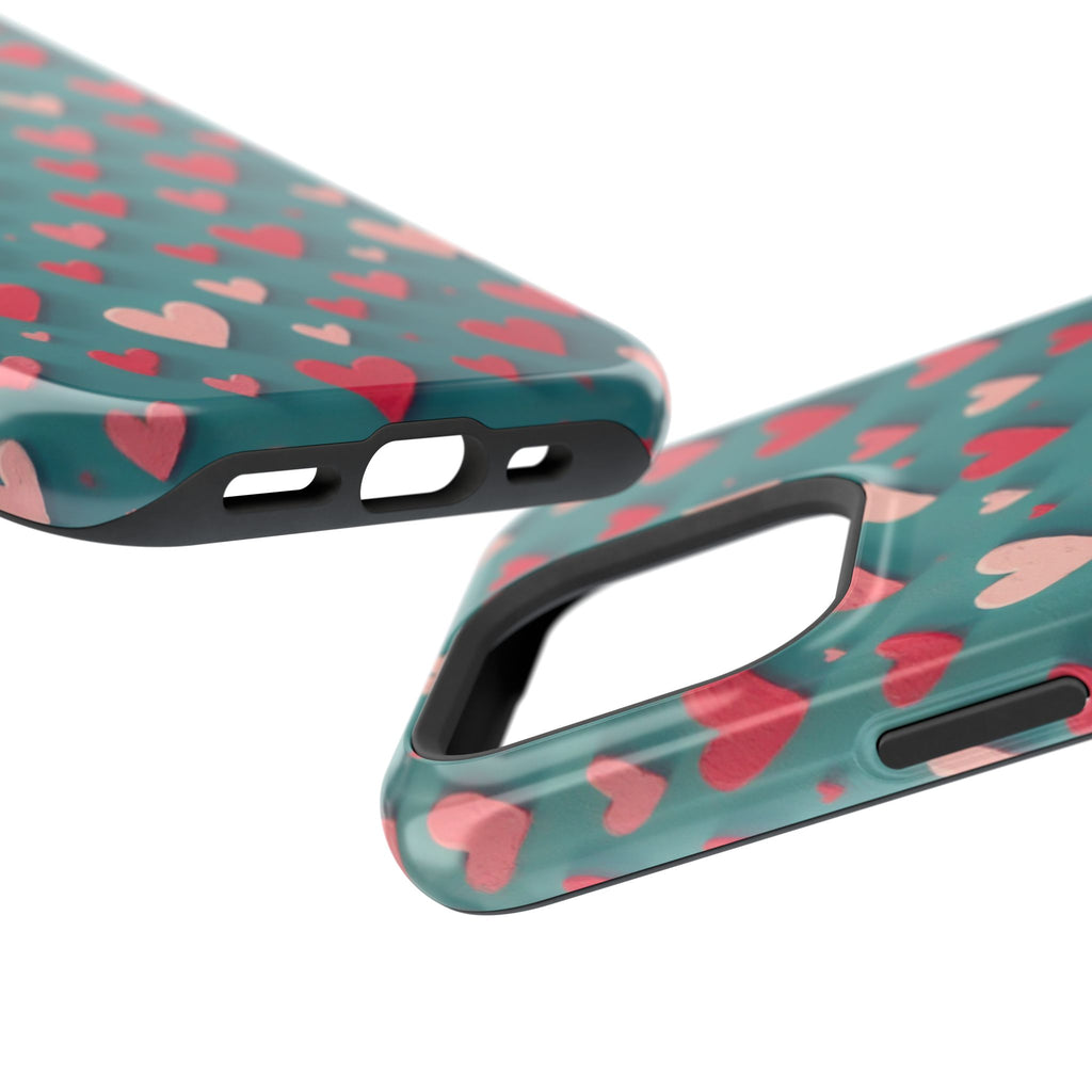 Magnetic Impact-Resistant Phone Case — Teal Love Hearts Pattern