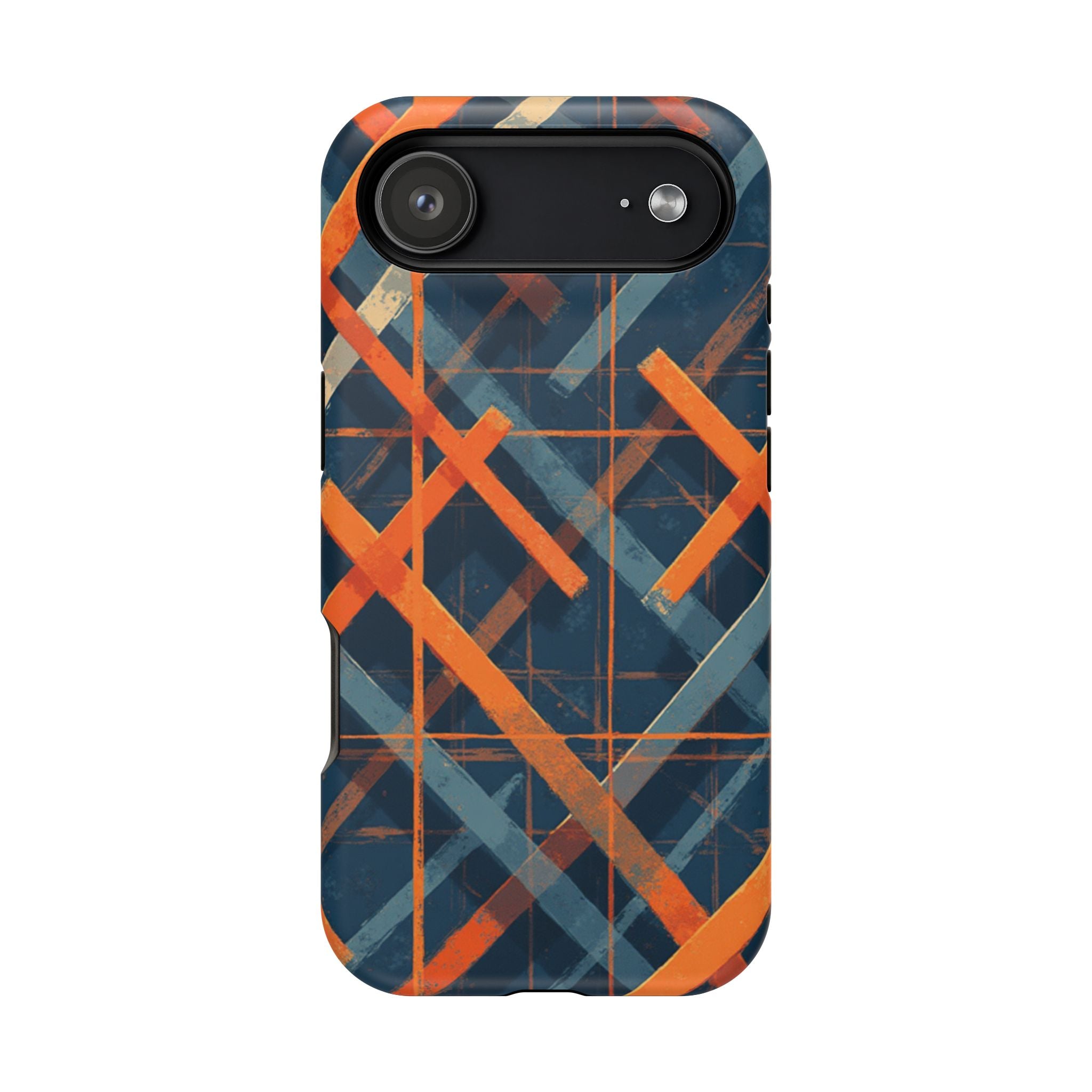 Magnetic Impact-Resistant Phone Case — Geometric Orange & Navy Plaid