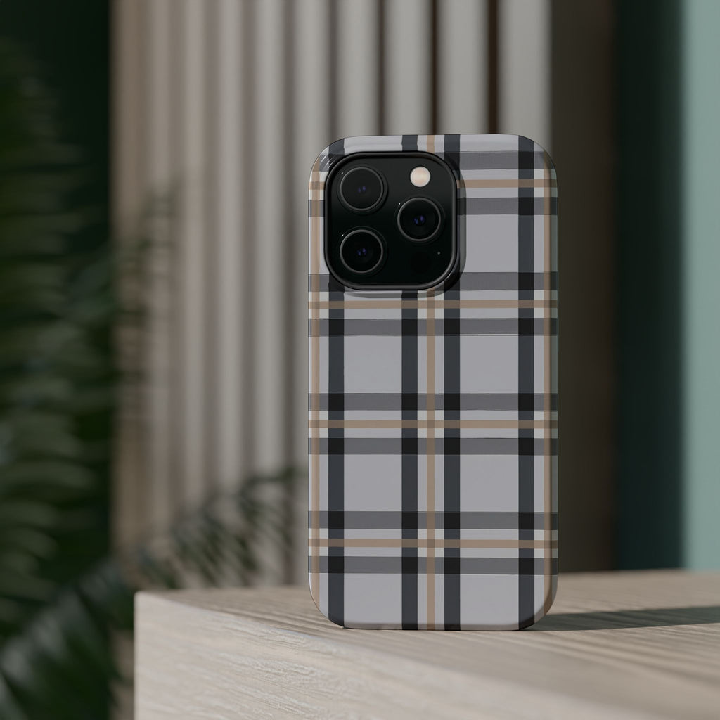 Plaid Magnetic Impact-Resistant Phone Case — Grey & Tan Classic Pattern