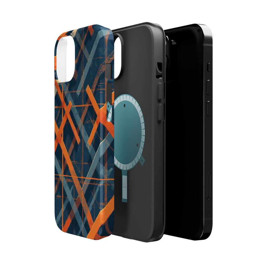 Magnetic Impact-Resistant Phone Case — Geometric Orange & Navy Plaid