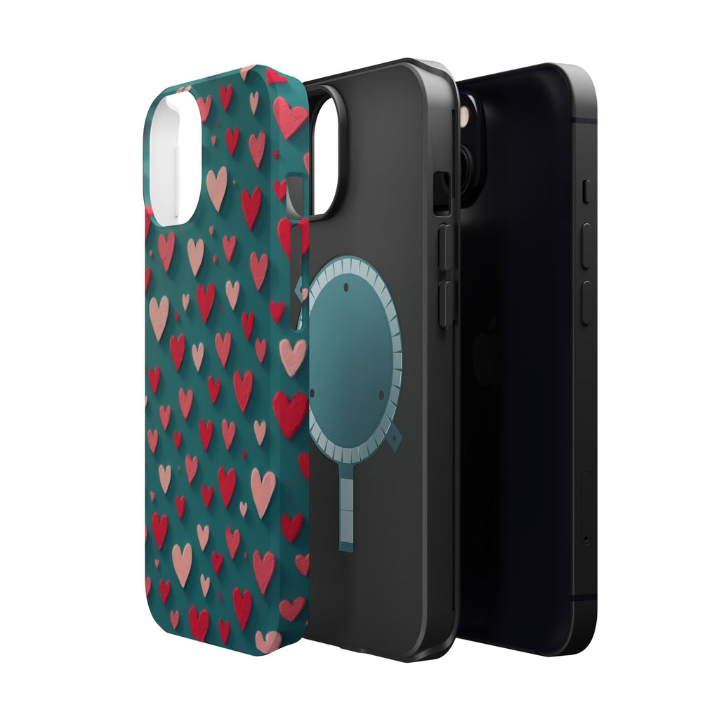 Magnetic Impact-Resistant Phone Case — Teal Love Hearts Pattern