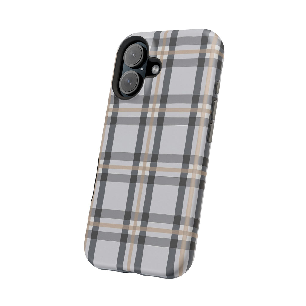 Plaid Magnetic Impact-Resistant Phone Case — Grey & Tan Classic Pattern
