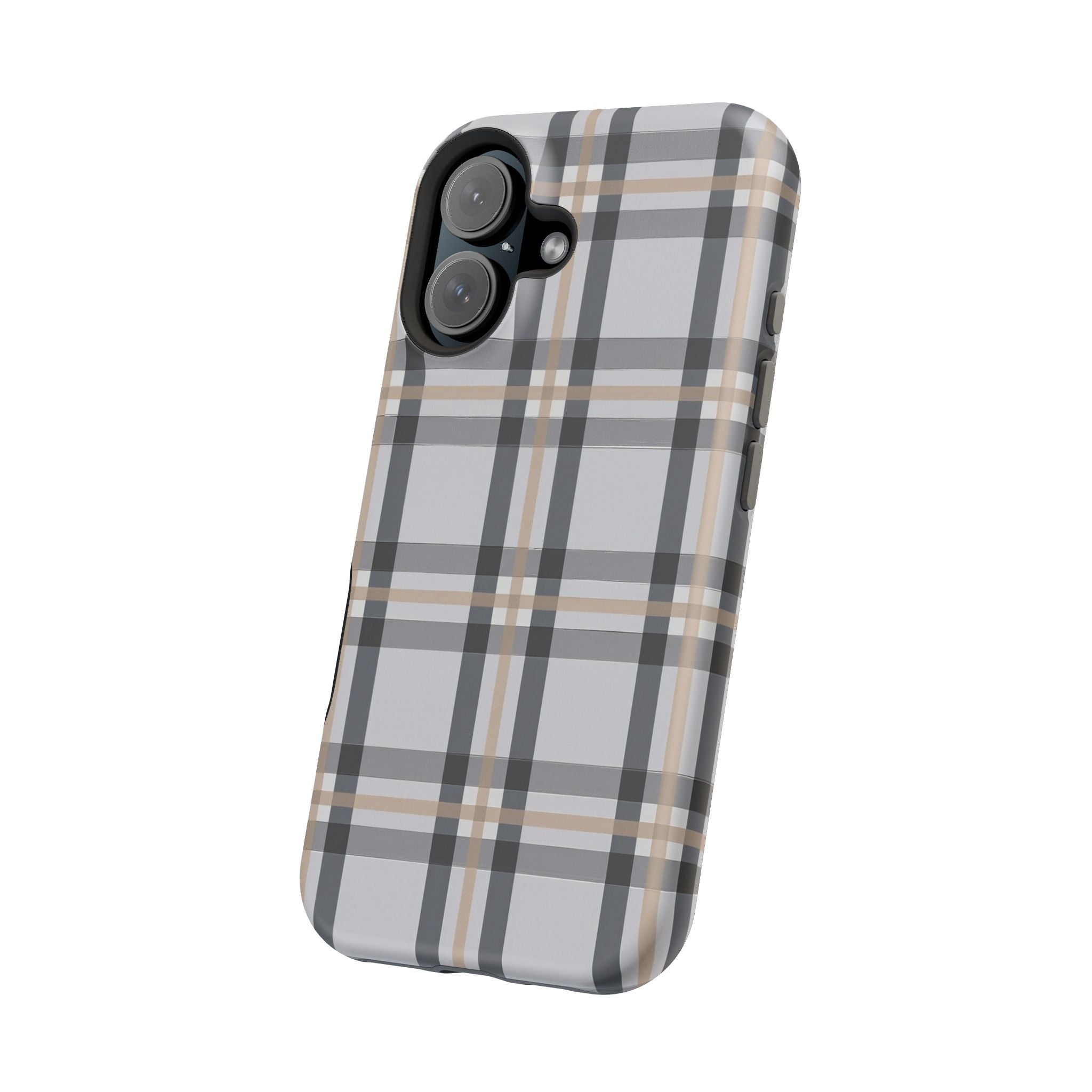 Plaid Magnetic Impact-Resistant Phone Case — Grey & Tan Classic Pattern